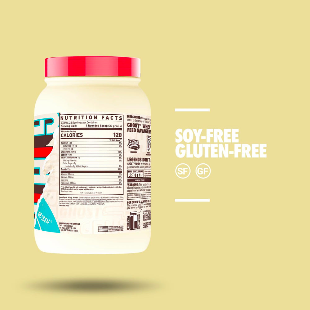 GHOST Whey label on bottle highlighting transparent ingredients and no proprietary blends