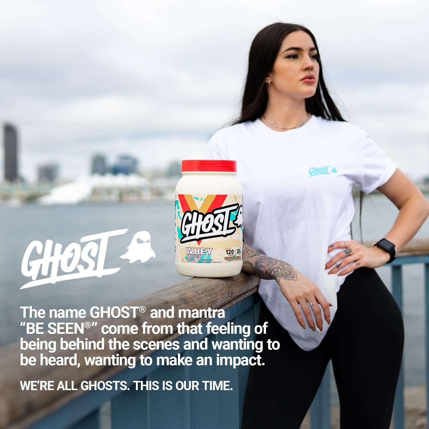 GHOST Coffee Ice Cream Whey shake being poured into a glass after workout