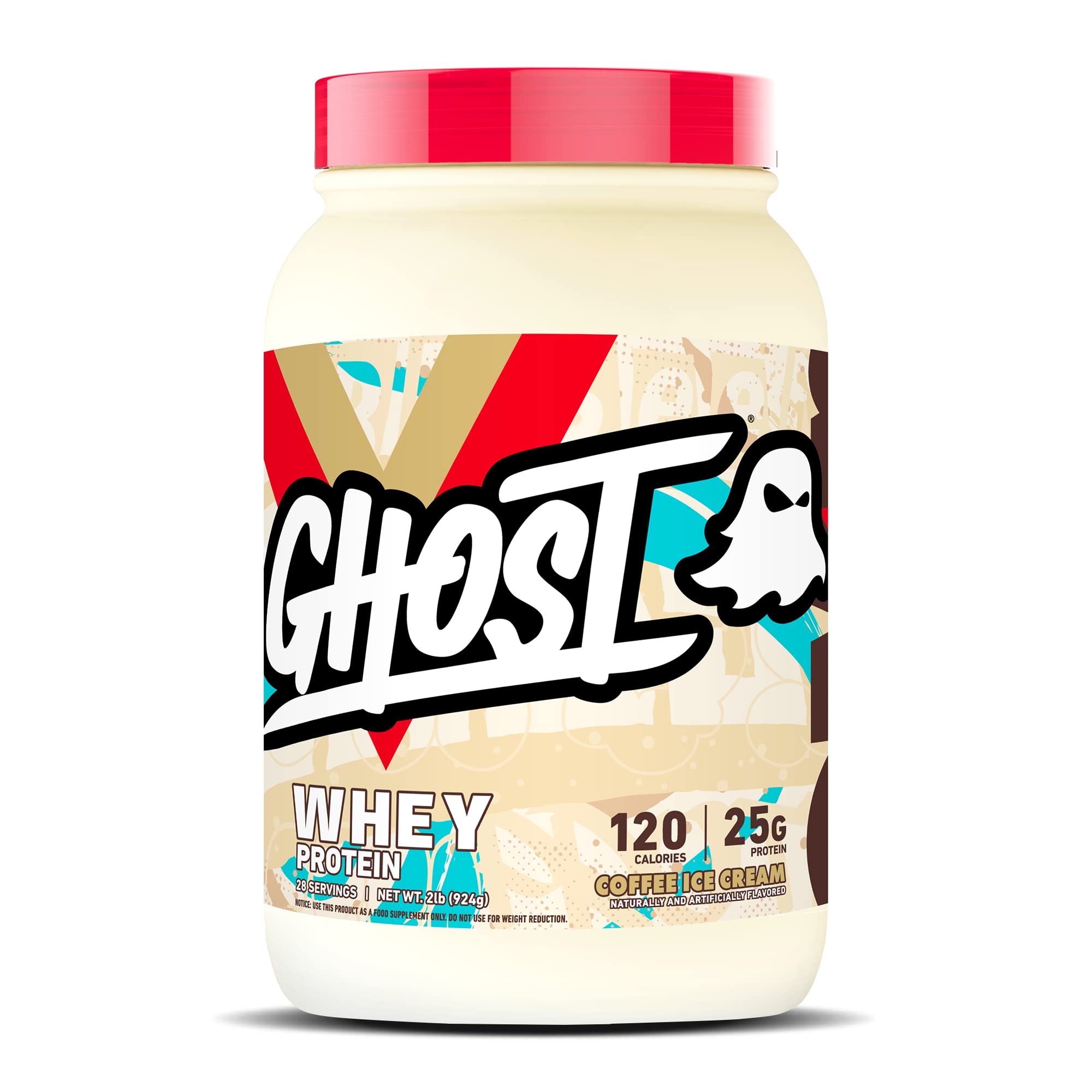 GHOST Coffee Ice Cream Whey tub on counter showing premium protein blend for post-workout shakes