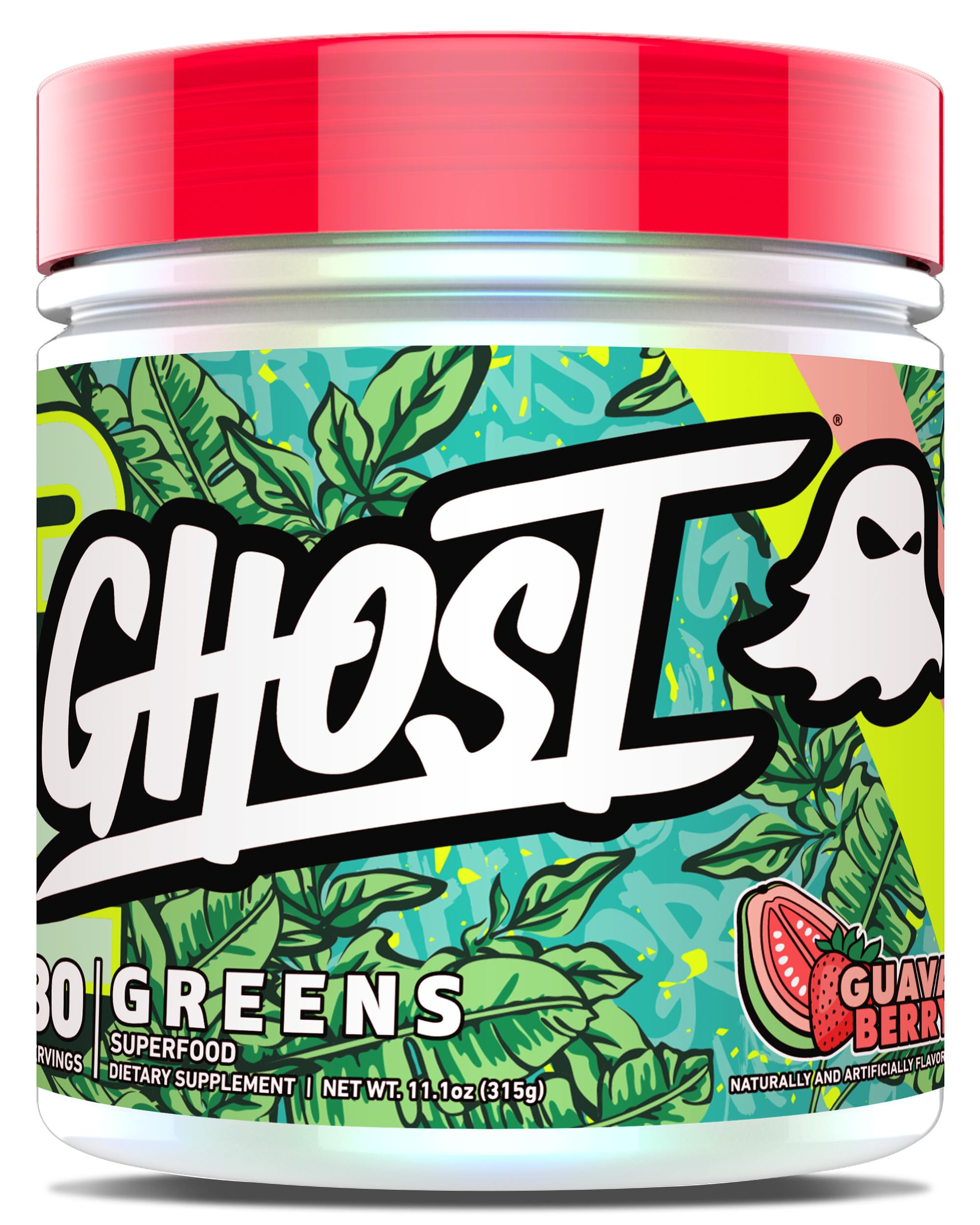 GHOST Greens Guava Berry bottle pouring, ideal for quick daily greens boost after workouts.