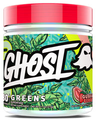 GHOST Greens Guava Berry bottle pouring, ideal for quick daily greens boost after workouts.
