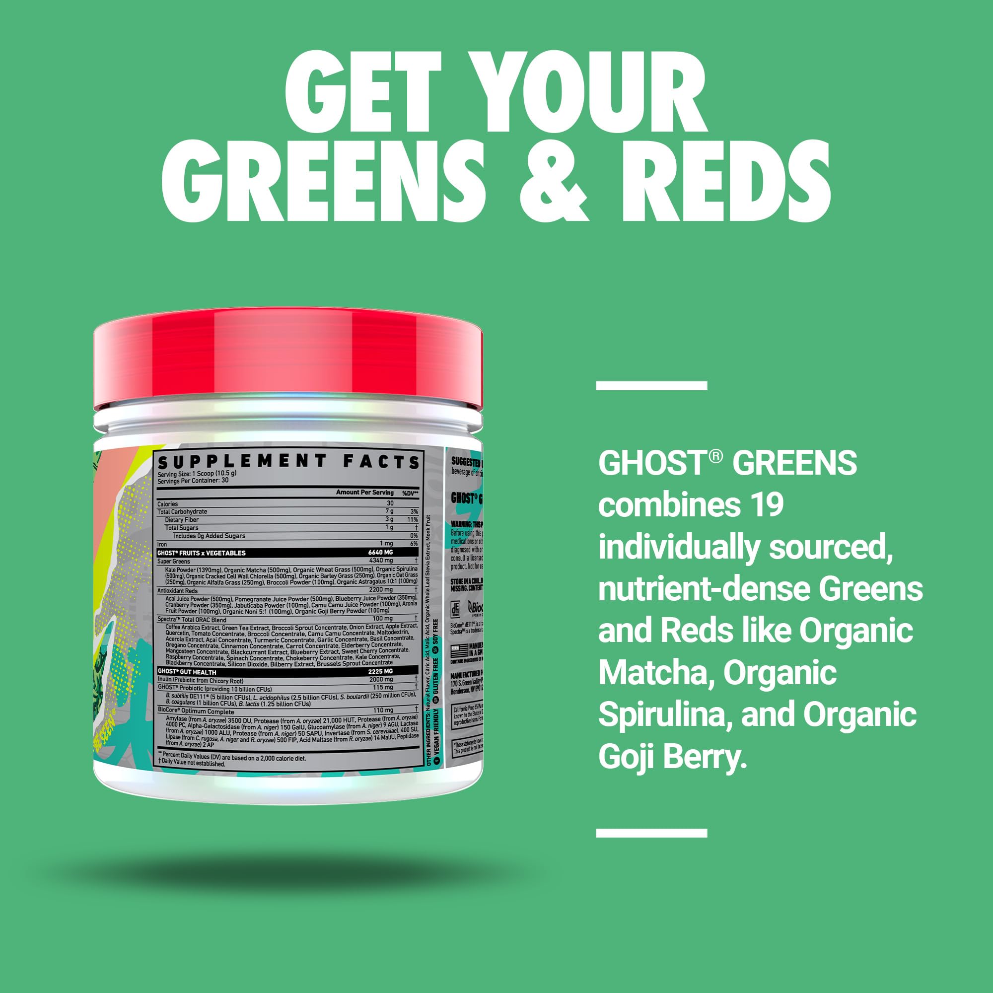GHOST Greens Guava Berry green blend closeup shows organic chlorella and spirulina.