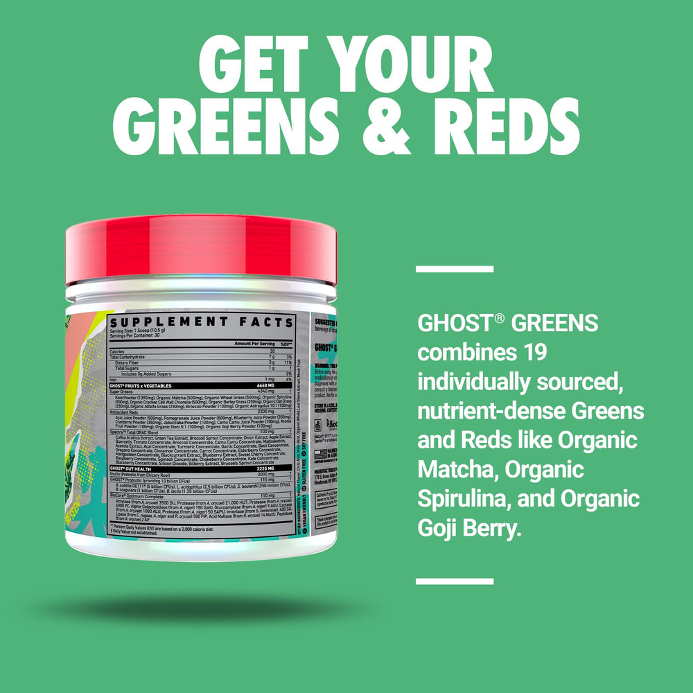 GHOST Greens Guava Berry green blend closeup shows organic chlorella and spirulina.