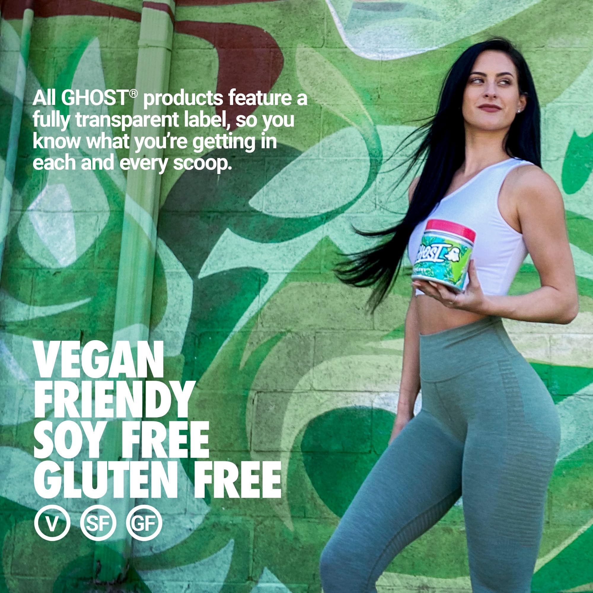 GHOST Greens Guava Berry ingredients graphic highlights probiotic and enzyme support.