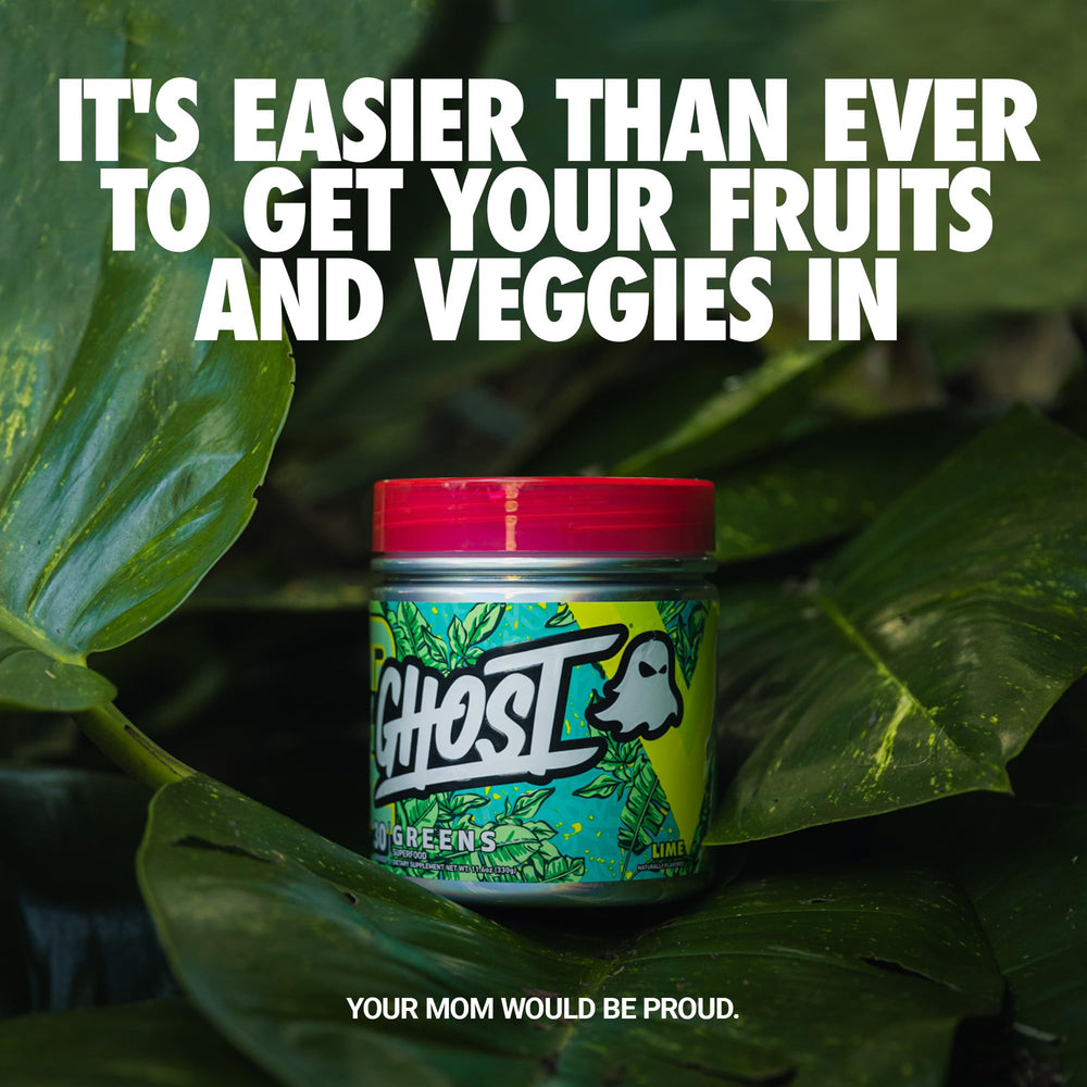 GHOST Greens Guava Berry tub label shows 30 servings and plant-based ingredients.