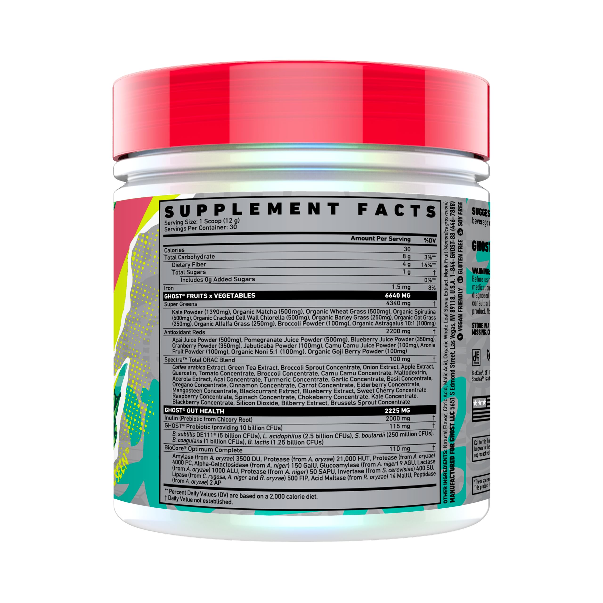 Closeup of GHOST Greens Powder ingredients showing 19 greens and reds blend.
