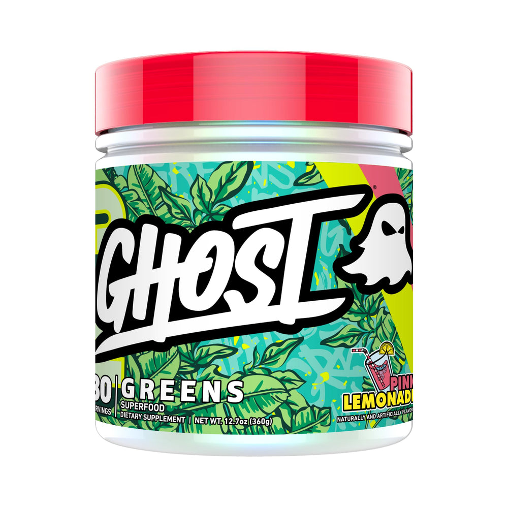GHOST Greens Pink Lemonade tub label highlights the 19 greens and reds blend.