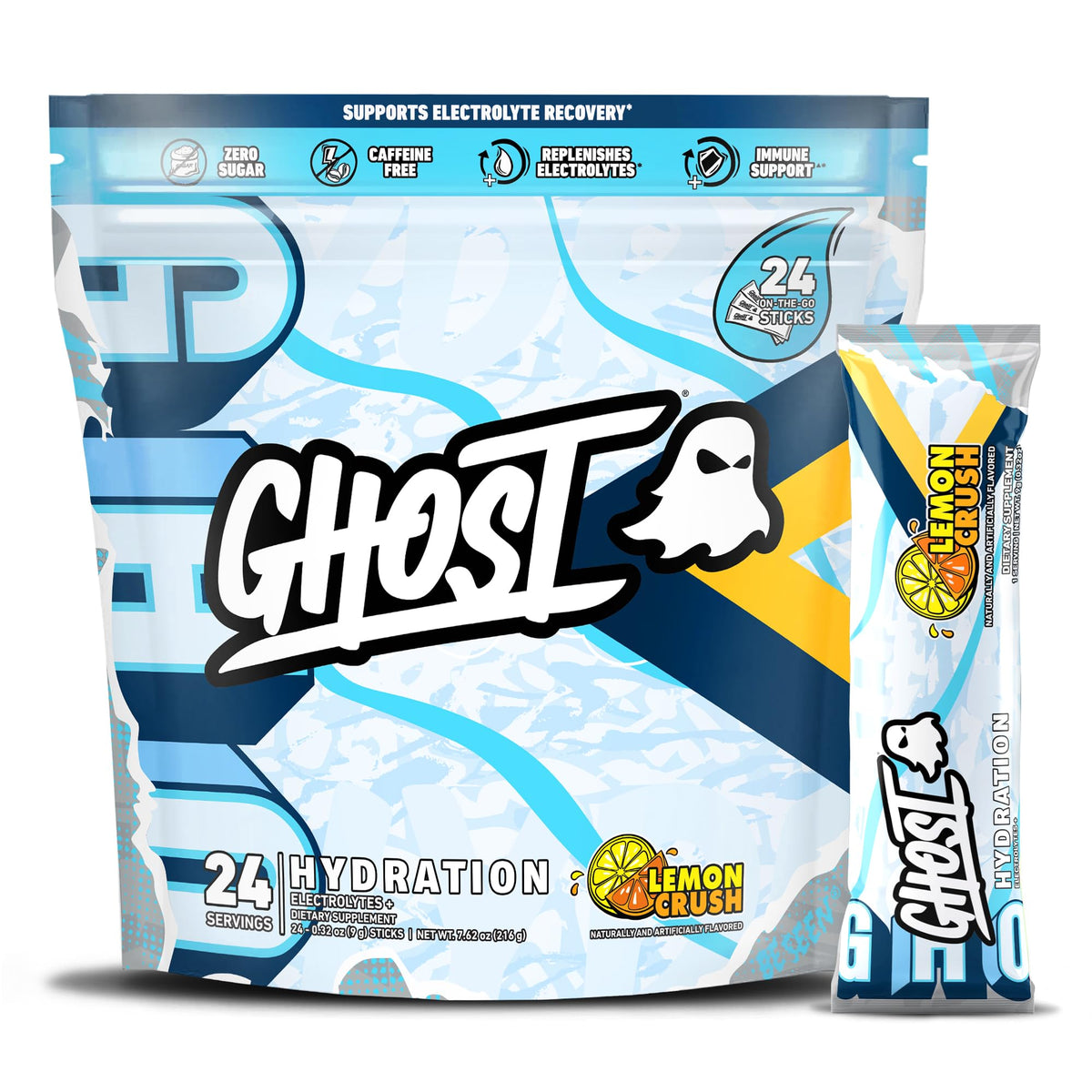 Ghost Hydration Lemon Crush stick added to water for hydration.