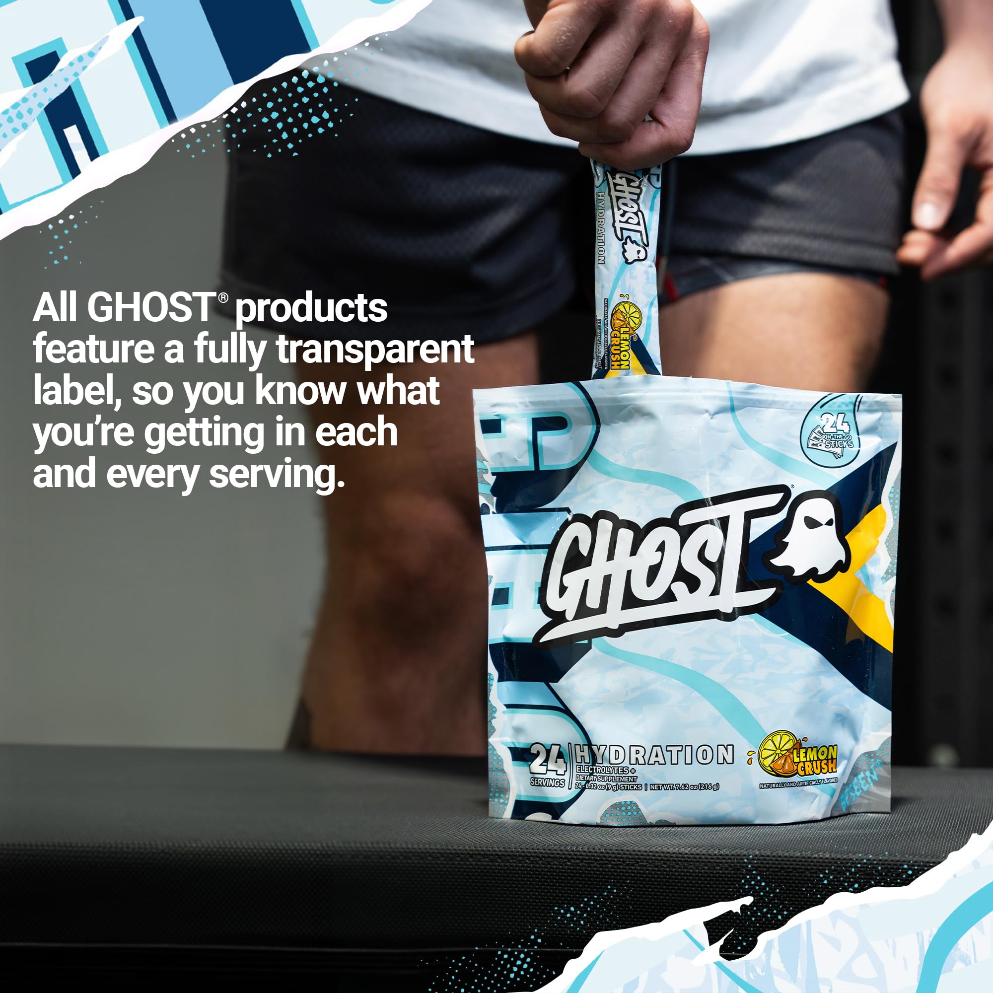 Ghost Hydration Lemon Crush powder dissolves quickly in cold water.
