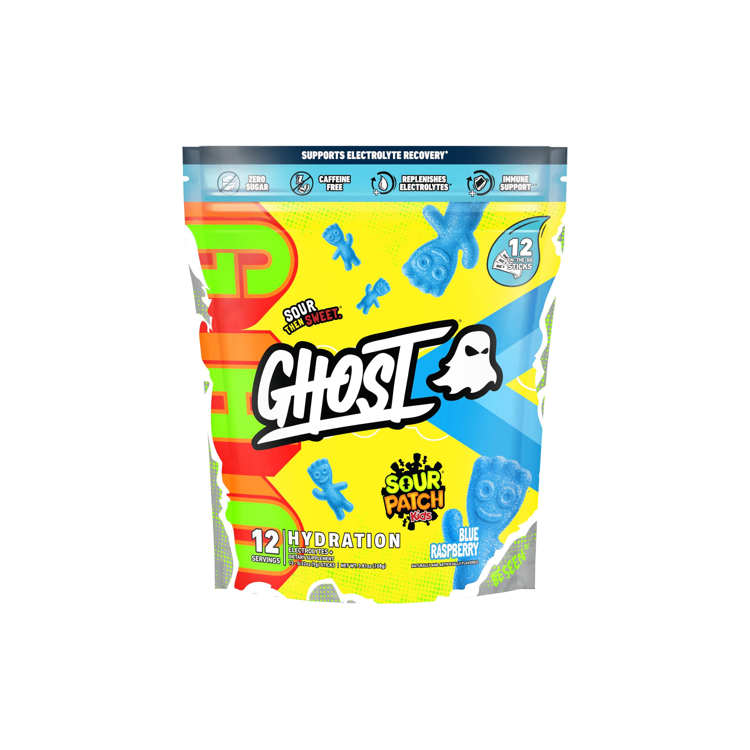 GHOST Hydration Stick in Sour Patch Kids Blue Raspberry boosts hydration with electrolytes.