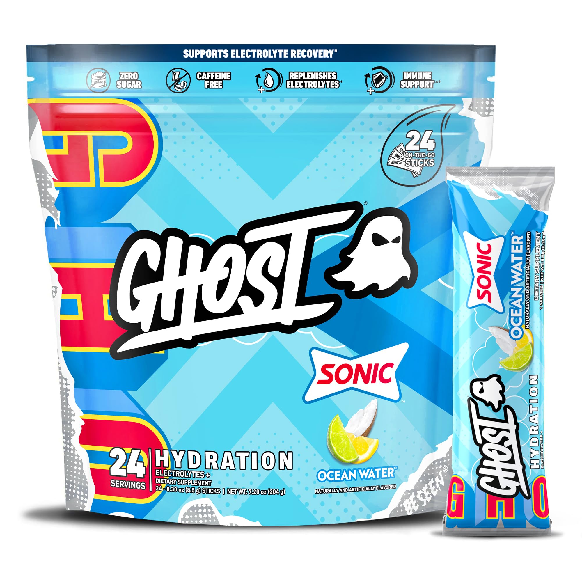 GHOST Hydration Packets Sonic Ocean Water stick in water for refreshing hydration.