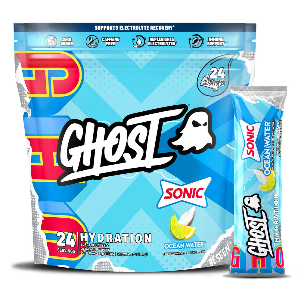 GHOST Hydration Packets Sonic Ocean Water stick in water for refreshing hydration.