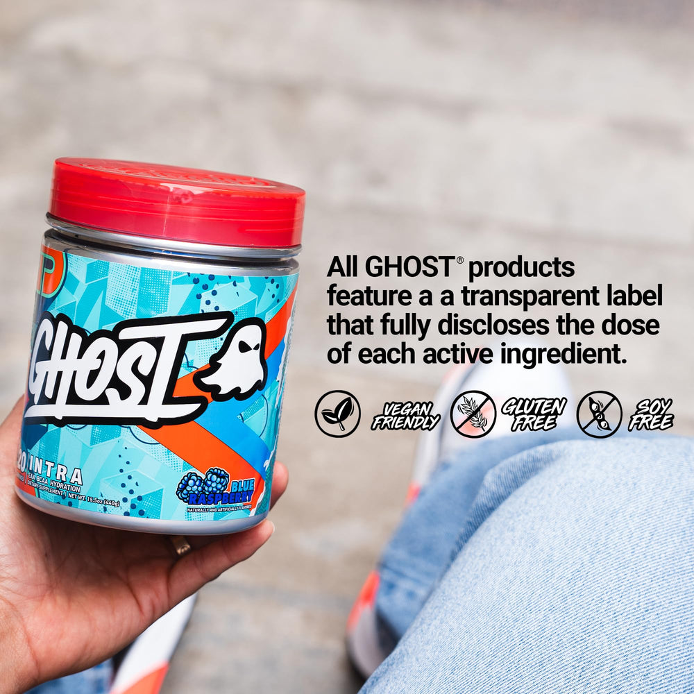 GHOST Intra Blue Raspberry dissolved in water shows refreshing hydration and focus potential.