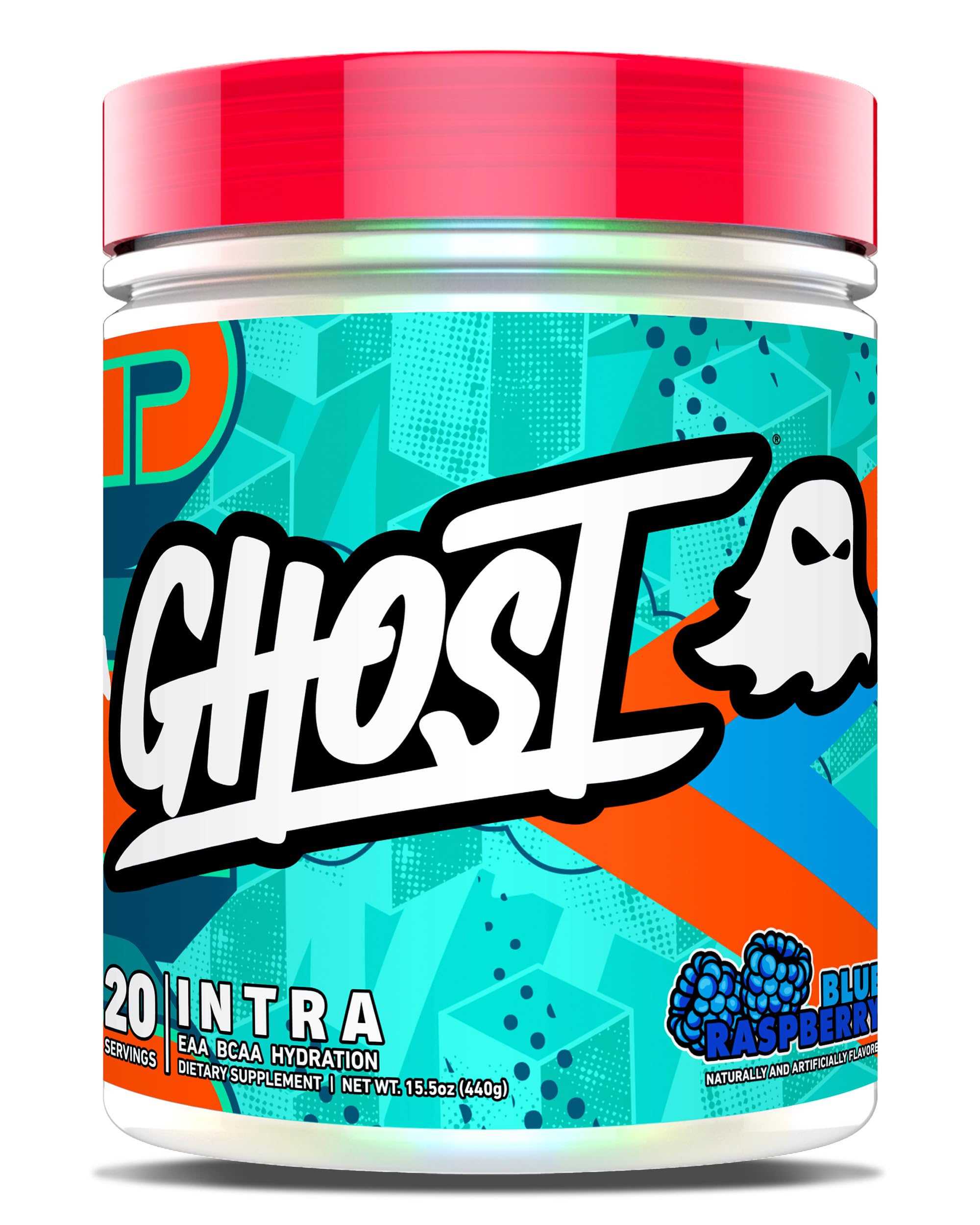 GHOST Intra Blue Raspberry tub front shows hydration-friendly amino blend for workouts.