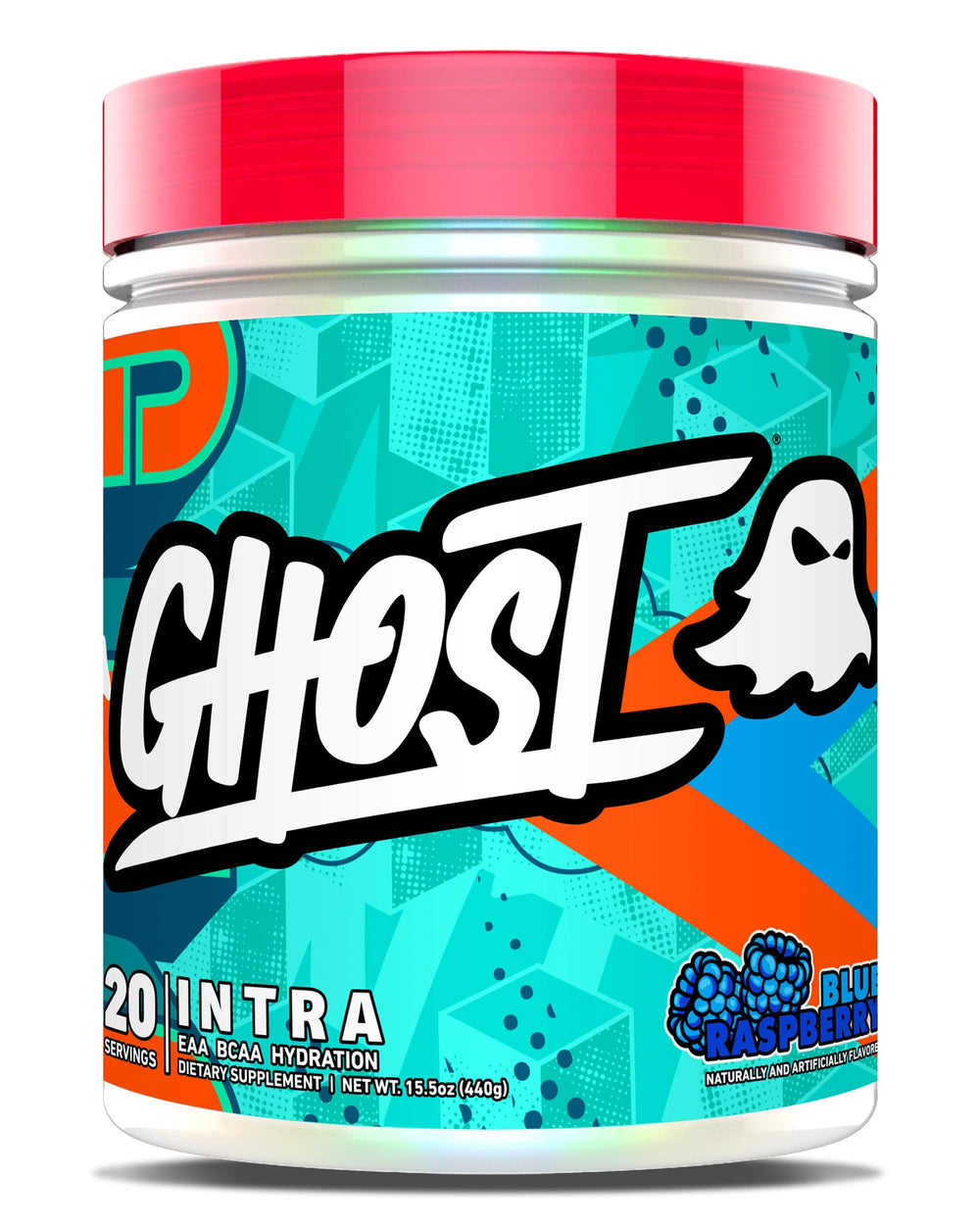 GHOST Intra Blue Raspberry tub front shows hydration-friendly amino blend for workouts.