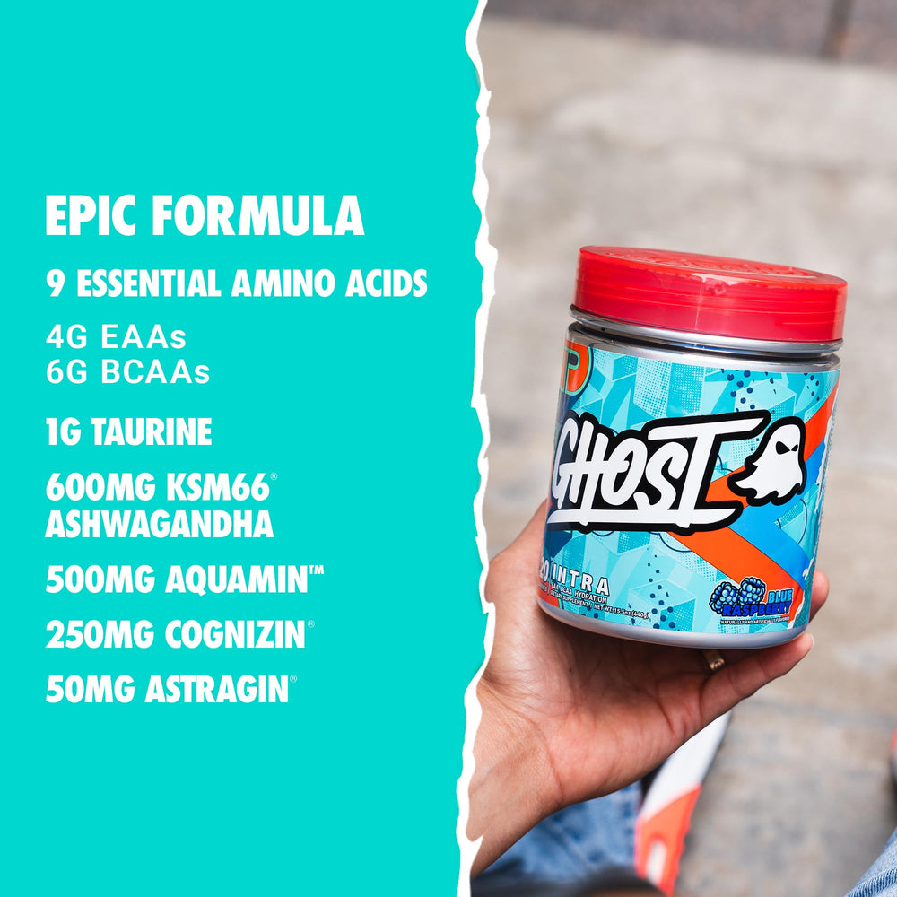 GHOST Intra Blue Raspberry tub label reveals transparent dosing for ingredient clarity.