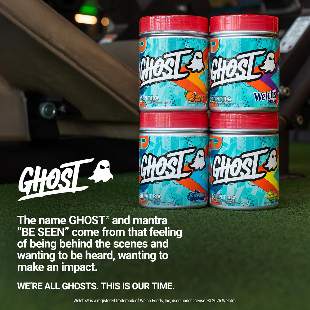 Close-up of GHOST Intra label emphasizing transparent dose disclosure.