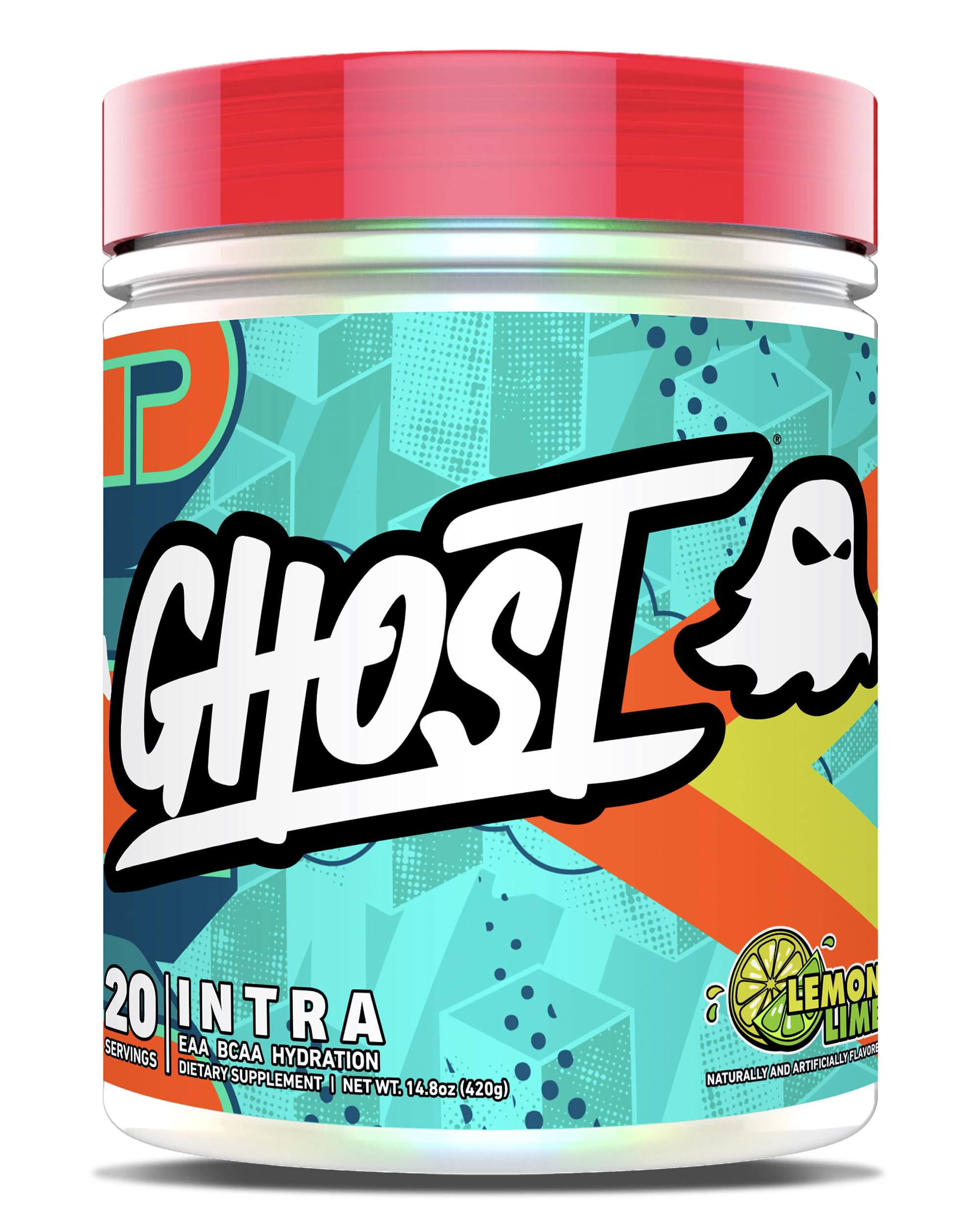 GHOST Intra Lemon Lime tub with transparent label and hydration-focused formula.