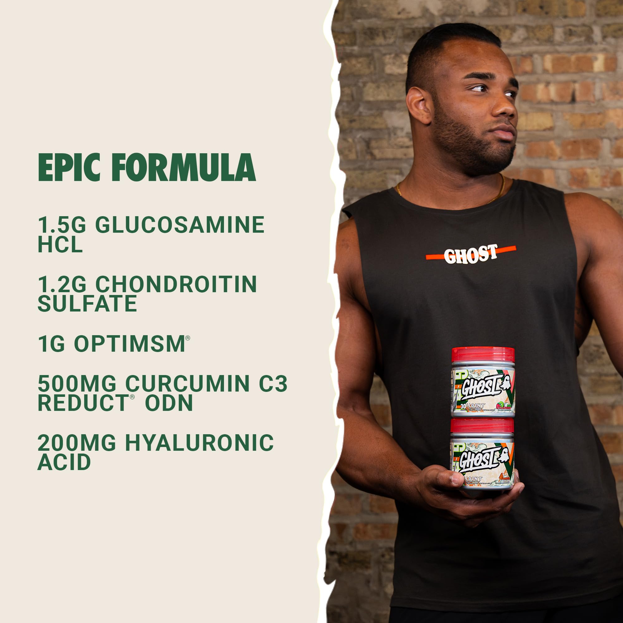 GHOST Joint bottle highlights glucosamine HCl for joint support.