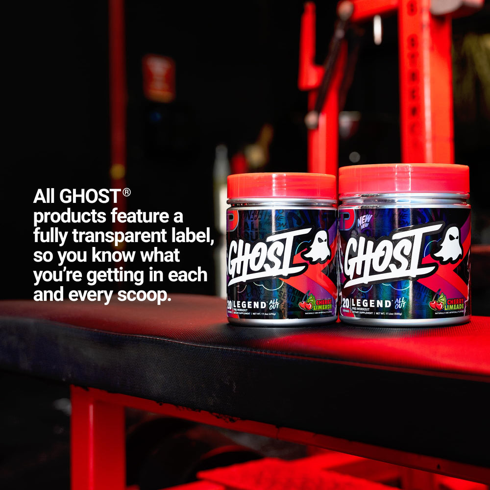 Ghost Legend All Out Cherry Limeade measuring spoon aids precise dosing.