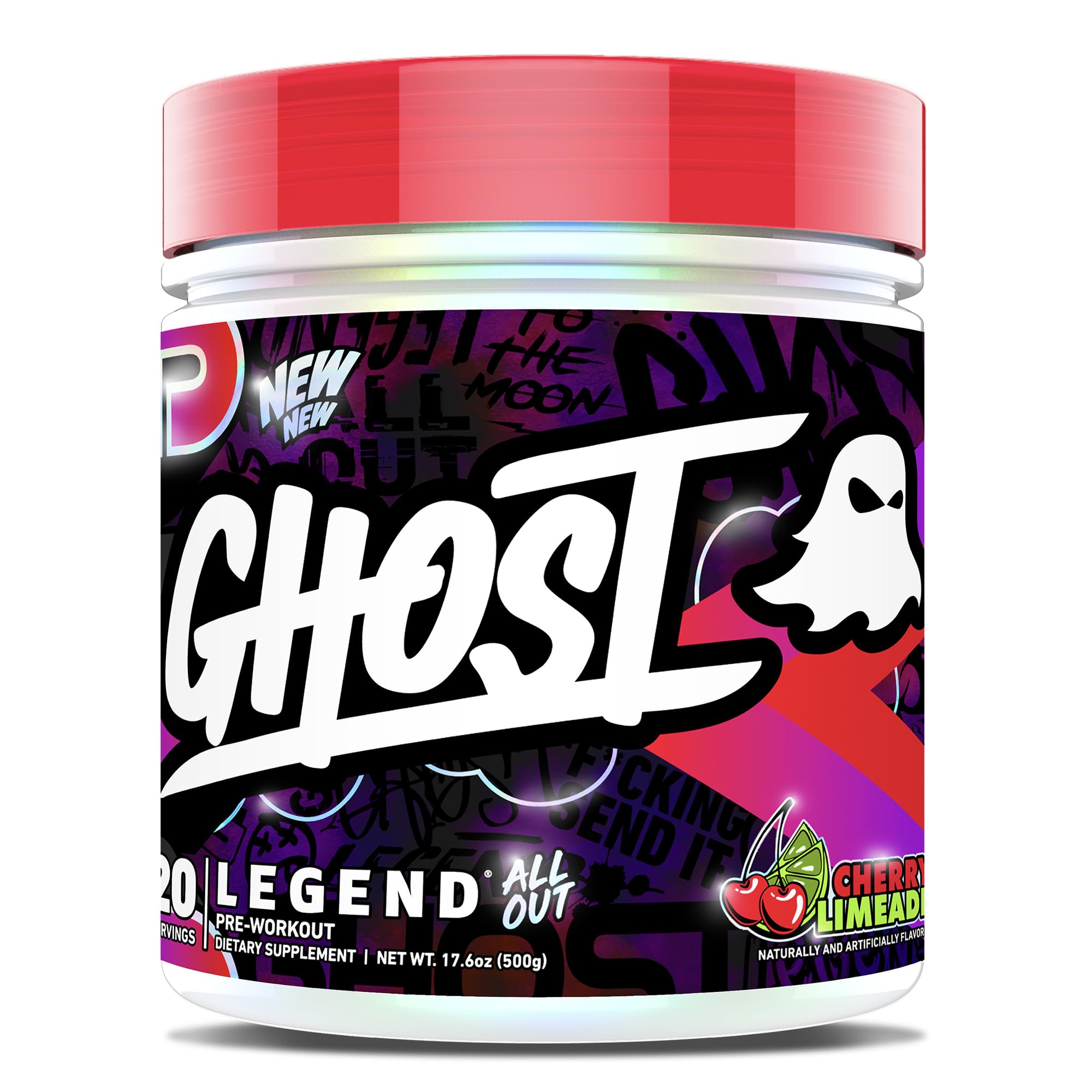 Ghost Legend All Out Cherry Limeade tub with bold label and energy-forward formula.