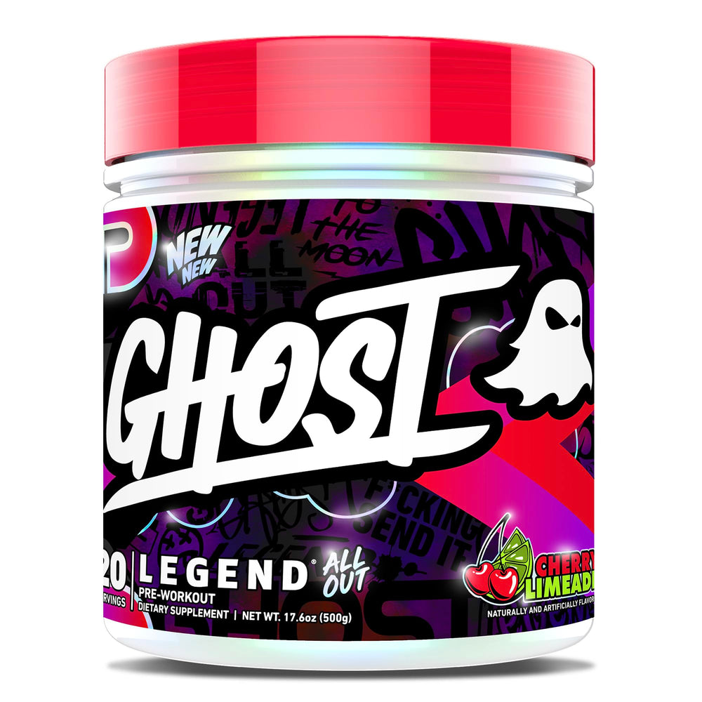 Ghost Legend All Out Cherry Limeade tub with bold label and energy-forward formula.