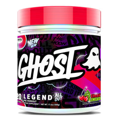 Ghost Legend All Out Cherry Limeade tub with bold label and energy-forward formula.