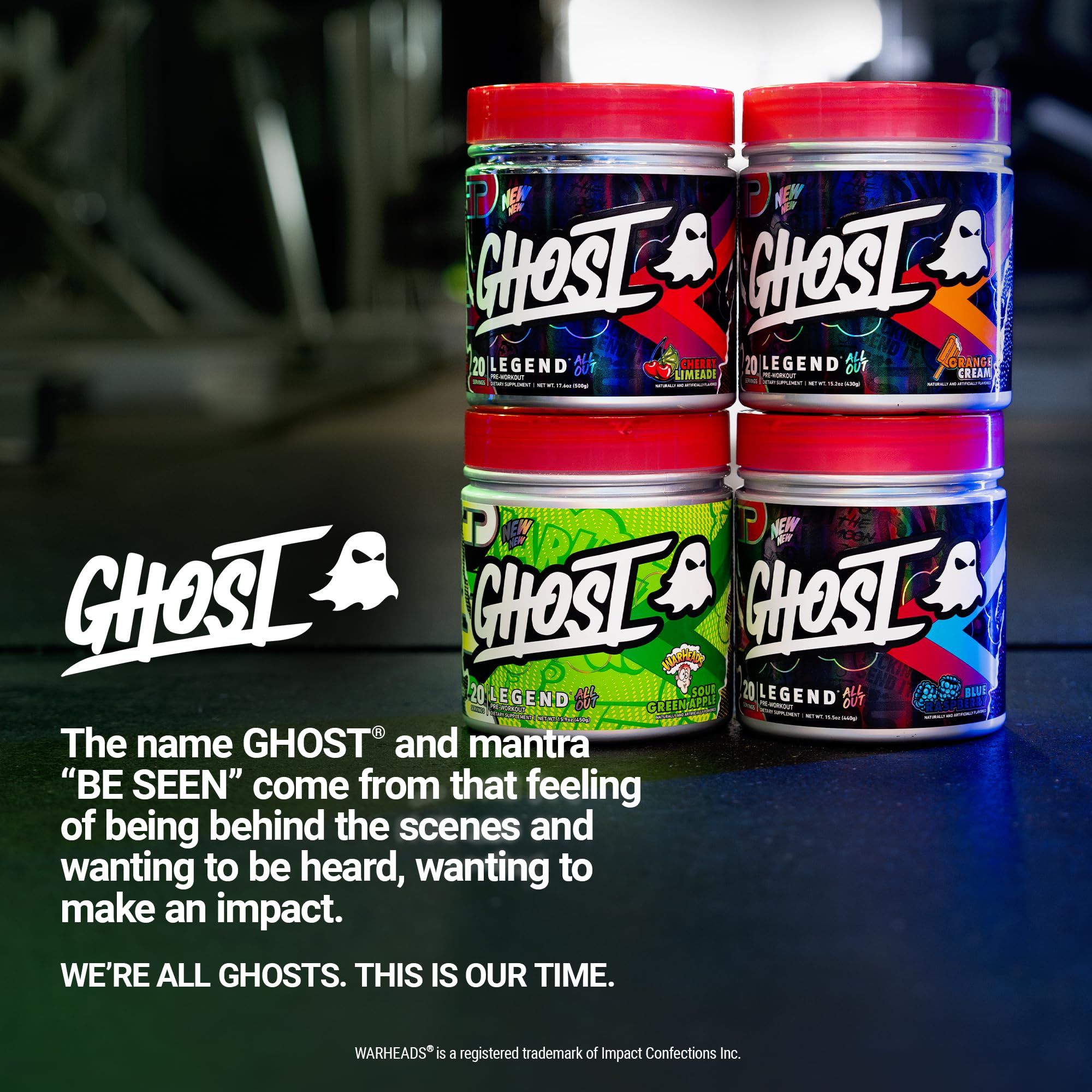 GHOST Legend All Out on a gym shelf signaling a premium pre-workout option.
