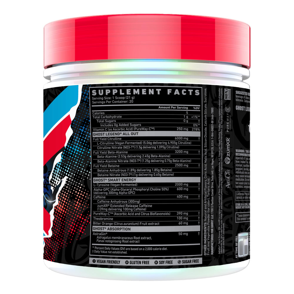 Ghost Legend All Out ingredients label highlights caffeine and nitrates for endurance.