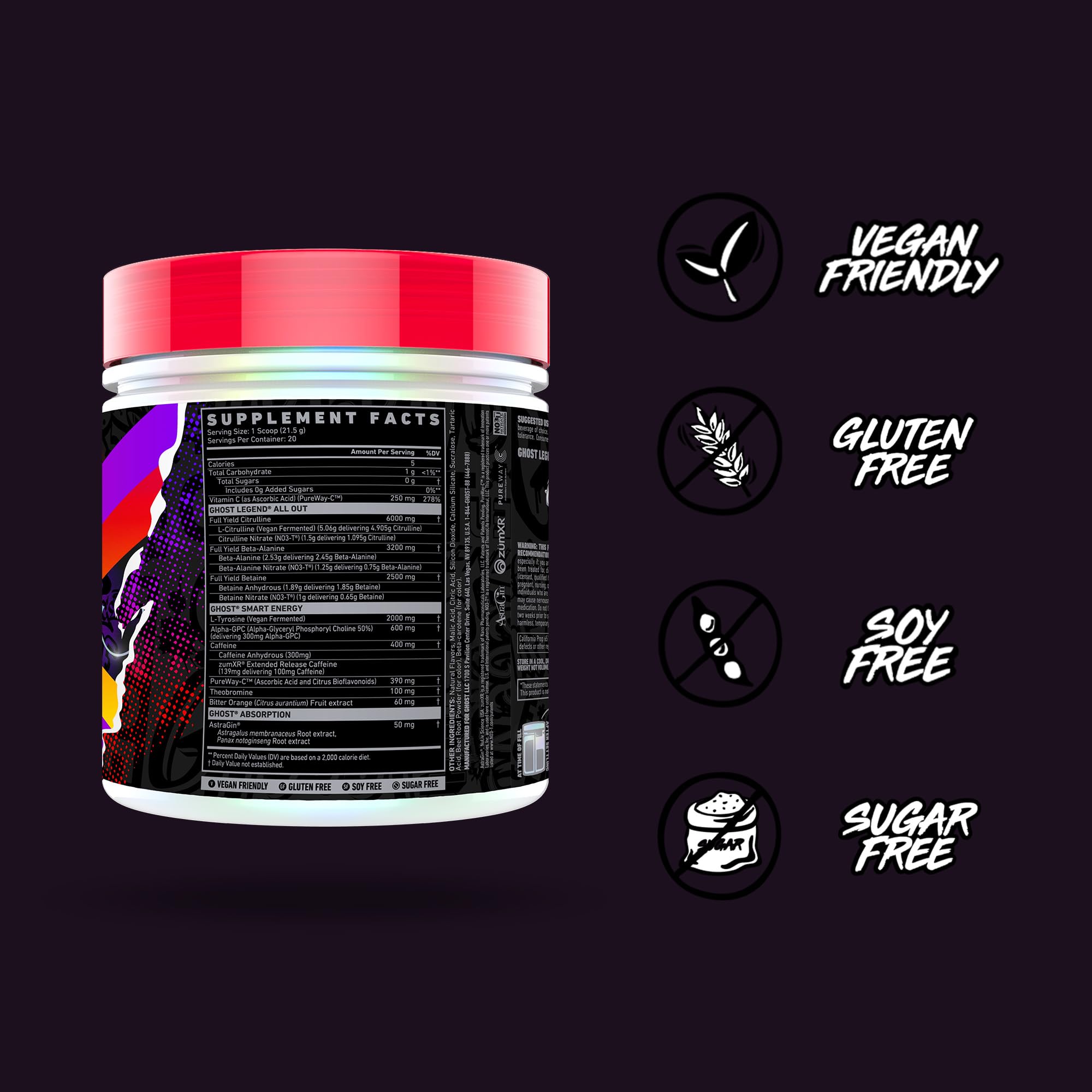 GHOST Legend All Out label shows full ingredient transparency.
