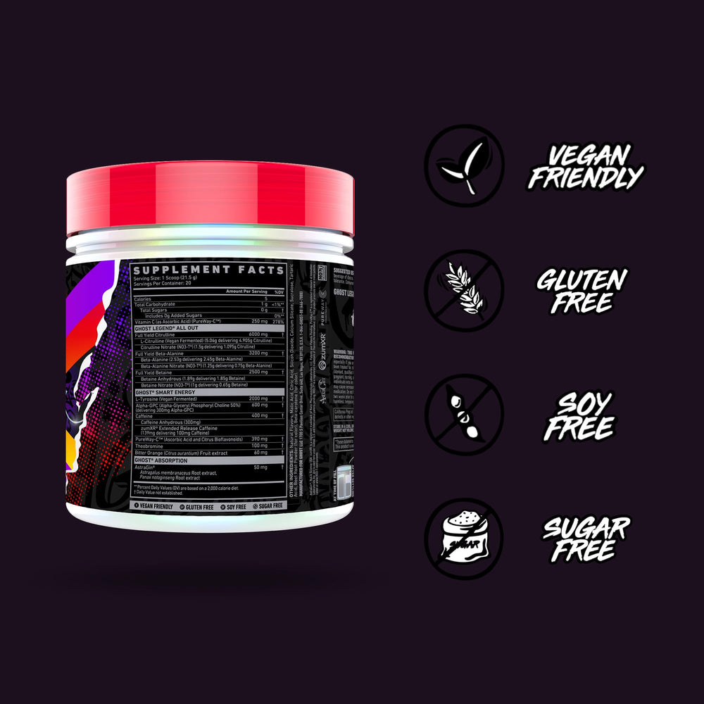 GHOST Legend All Out label shows full ingredient transparency.