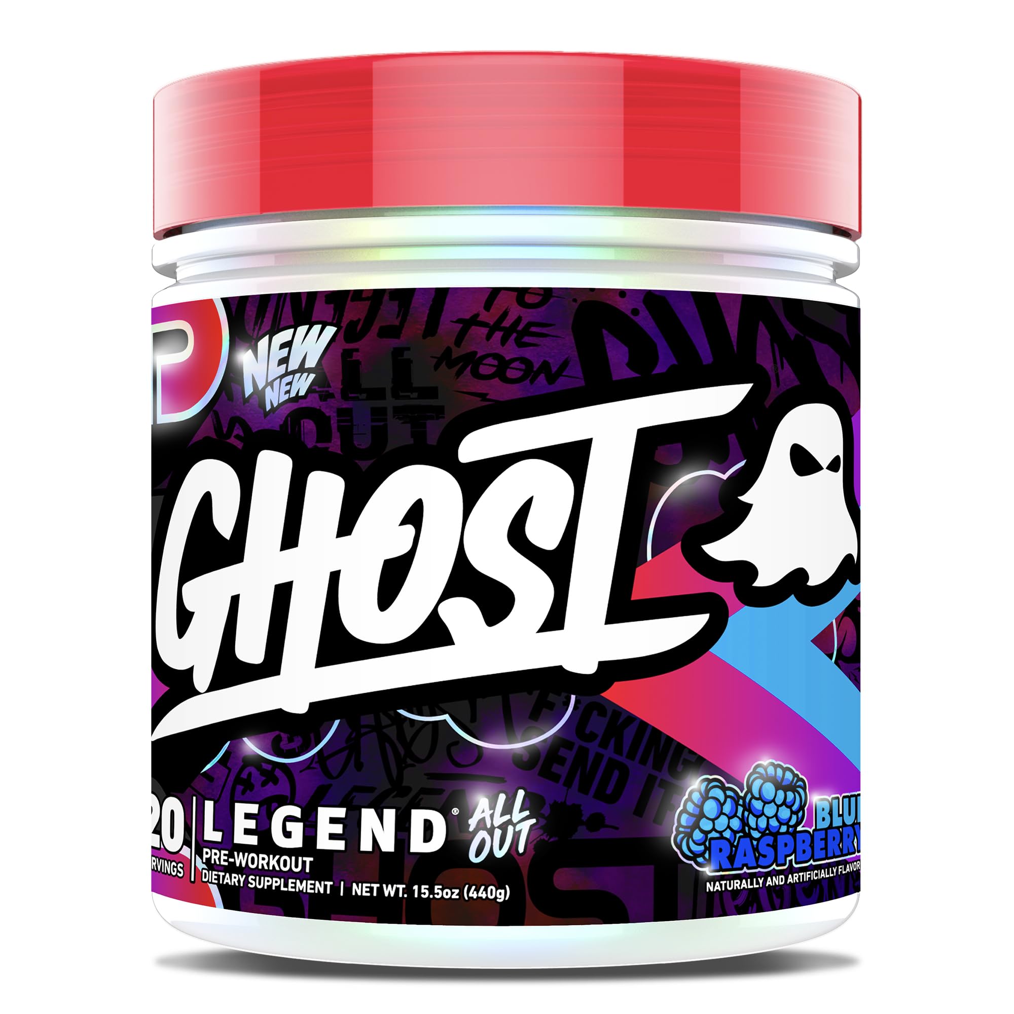 GHOST Legend All Out V2 bottle with blue raspberry powder for energized workouts
