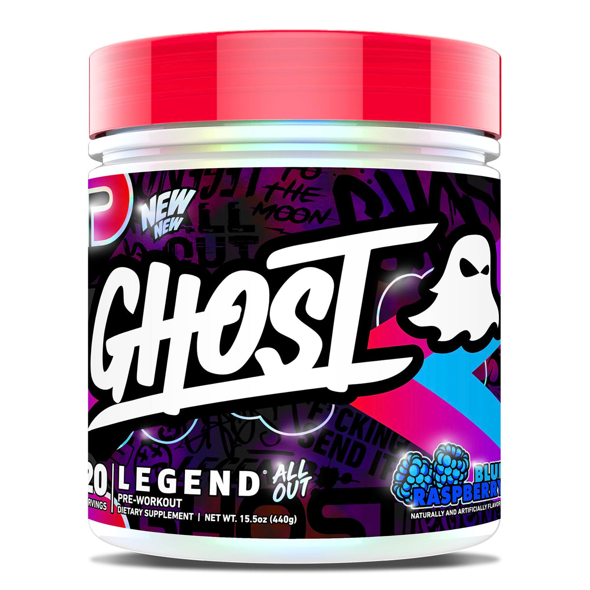 GHOST Legend All Out V2 bottle with blue raspberry powder for energized workouts