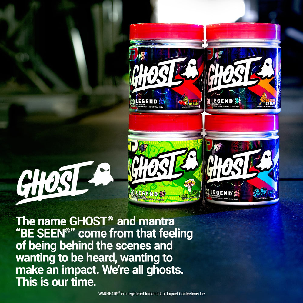 GHOST Legend All Out V2 flavor close-up highlighting Warheads taste