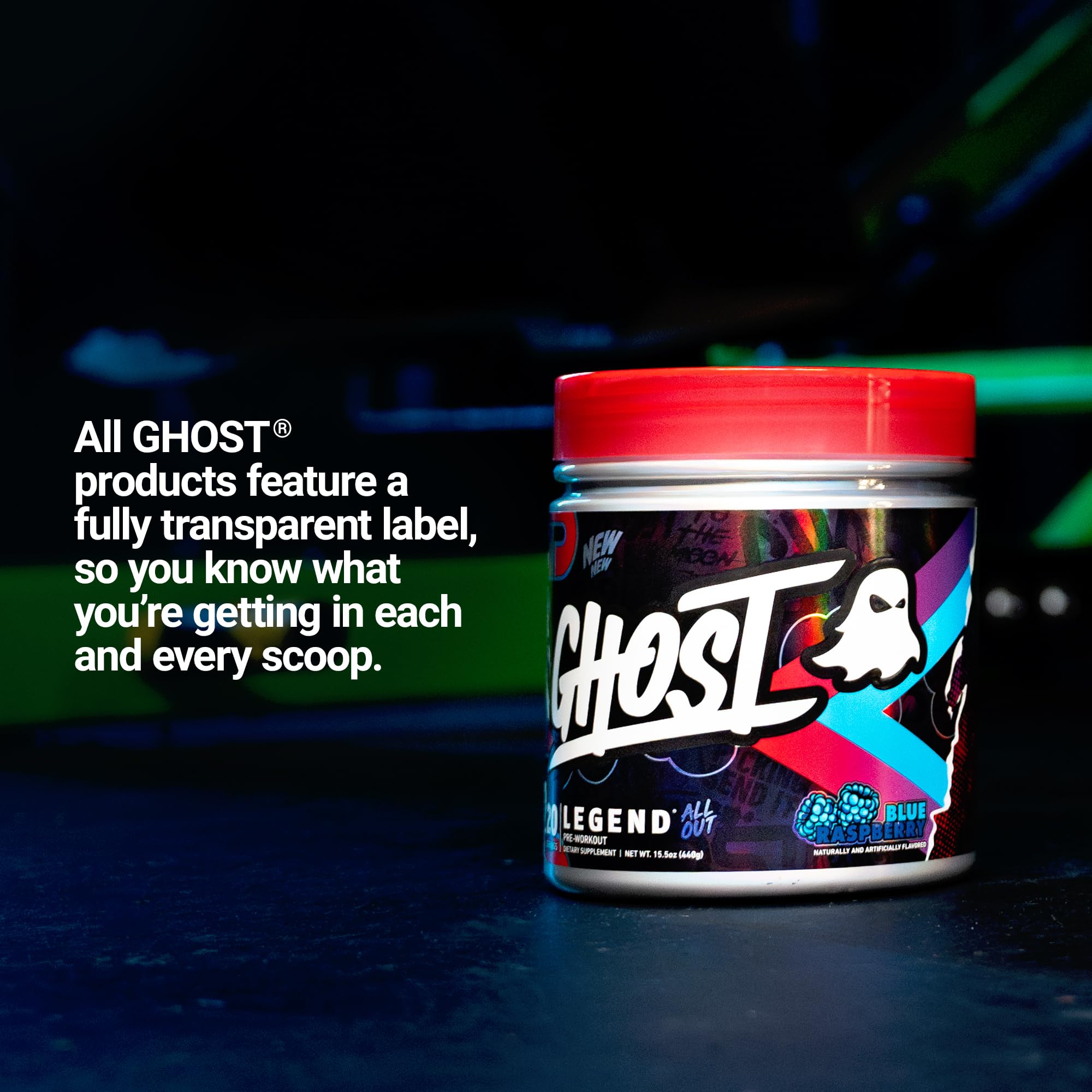 GHOST Legend All Out V2 ingredient icons highlighting caffeine and NO3-T