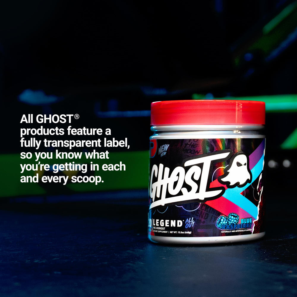 GHOST Legend All Out V2 ingredient icons highlighting caffeine and NO3-T