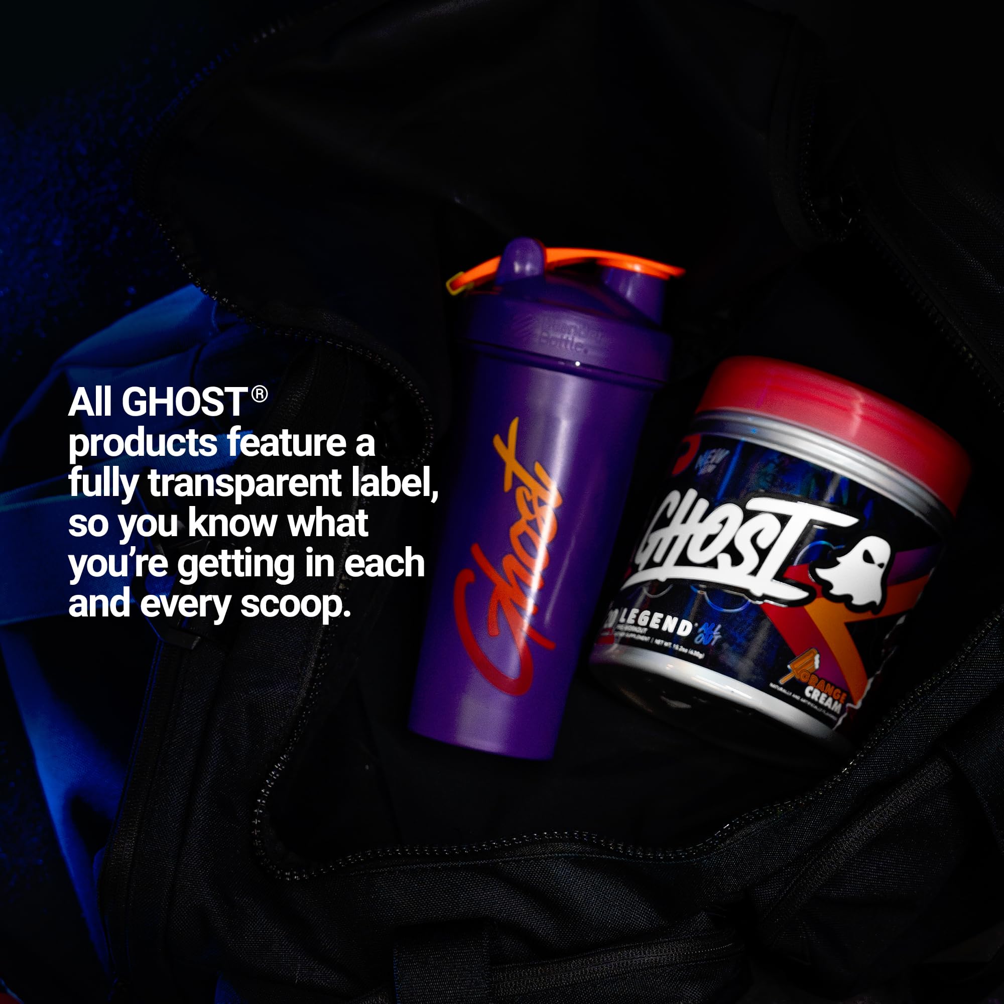 GHOST Legend All Out V2 orange cream jar packaging emphasizes vegan, gluten-free, sugar-free attributes