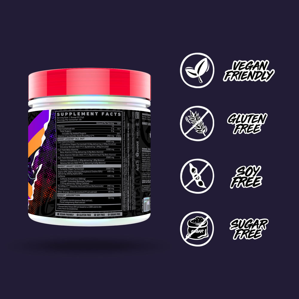 GHOST Legend All Out V2 label highlights full ingredient disclosure with no proprietary blends