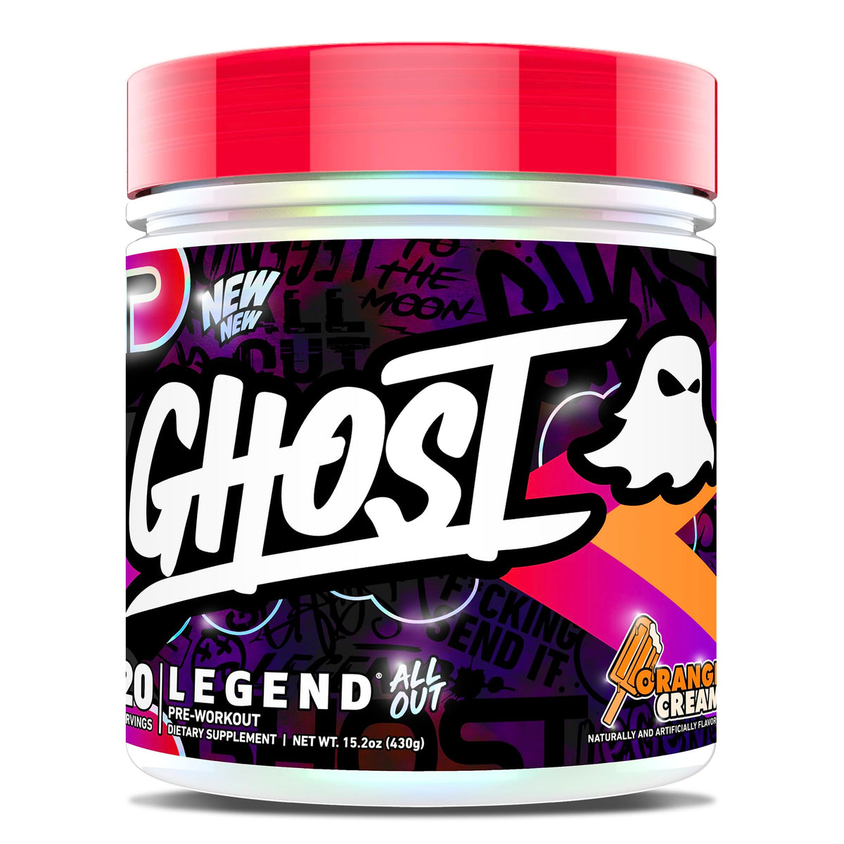 GHOST Legend All Out V2 orange cream label close-up showing clear ingredient disclosure