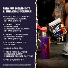 Powder dispensed into a shaker for an intense GHOST All Out V2 pre-workout session