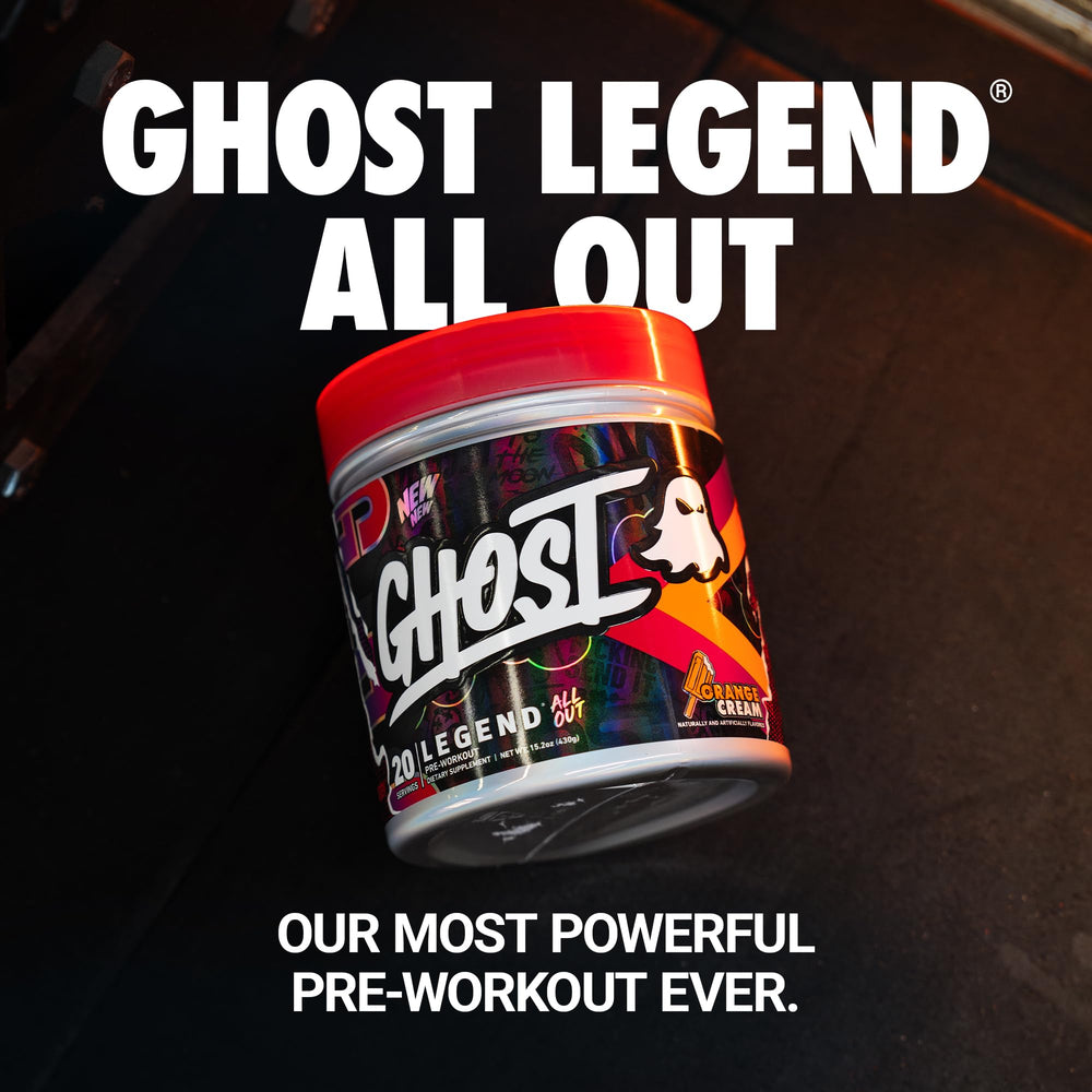 GHOST Legend All Out V2 scoop pouring orange cream powder into a shaker for pre-workout use