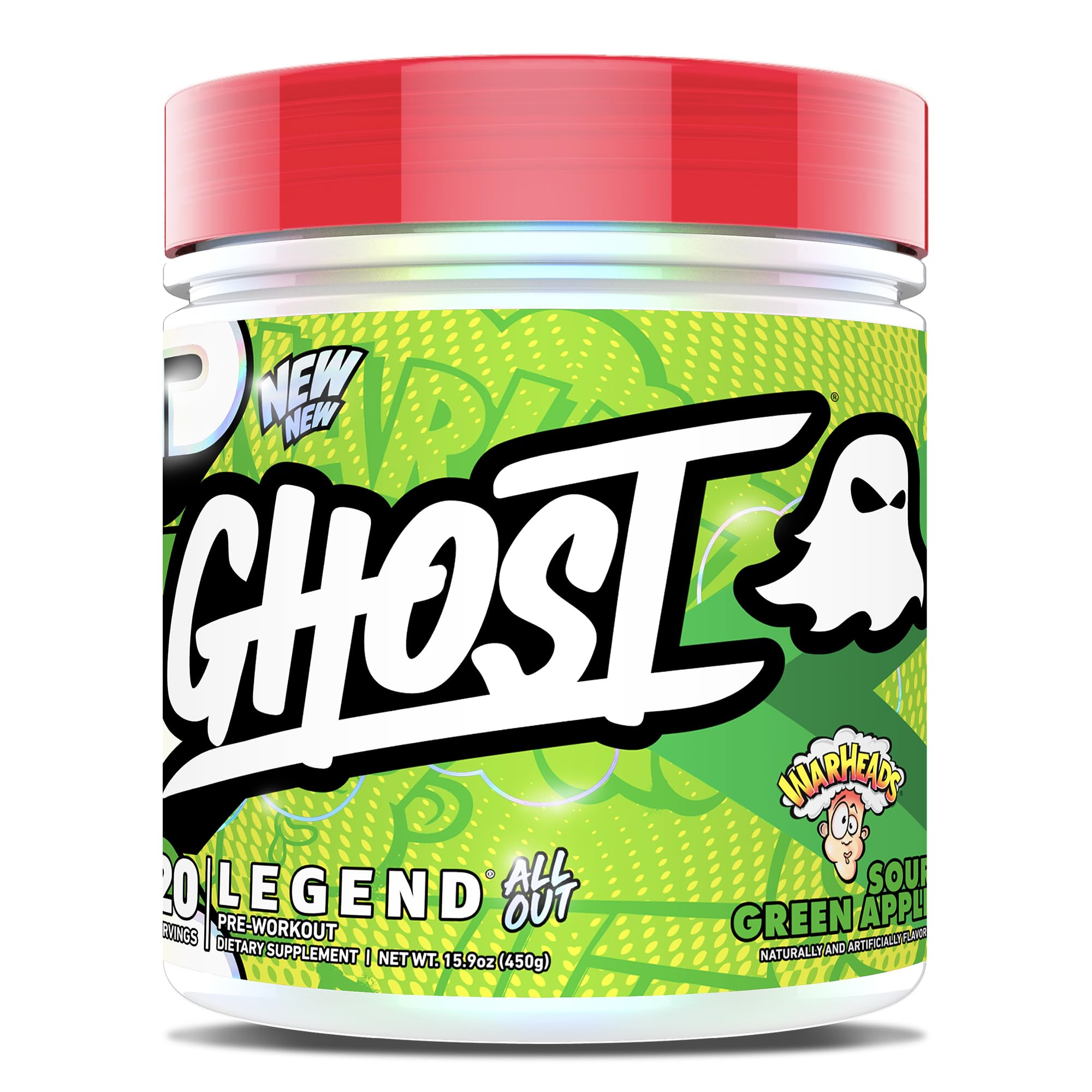 GHOST Legend All Out V2 jar with Warheads Sour Green Apple for sustained energy