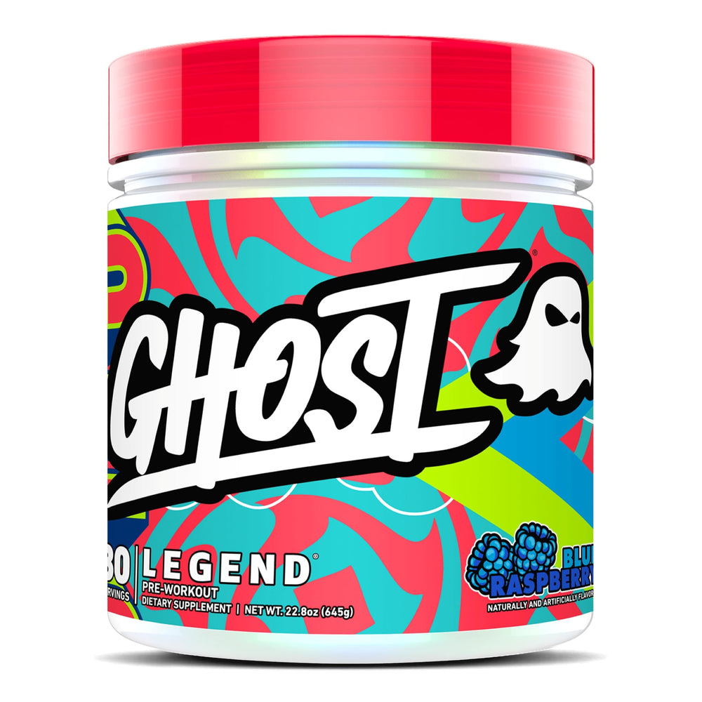 GHOST Legend Blue Raspberry canister showing vegan pre-workout formula for energy.