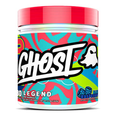 GHOST Legend Blue Raspberry canister showing vegan pre-workout formula for energy.