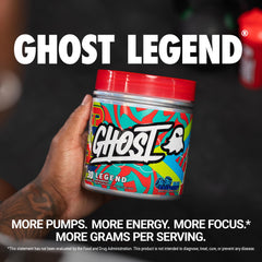 GHOST Legend Blue Raspberry scoop illustrating easy serving for workouts.