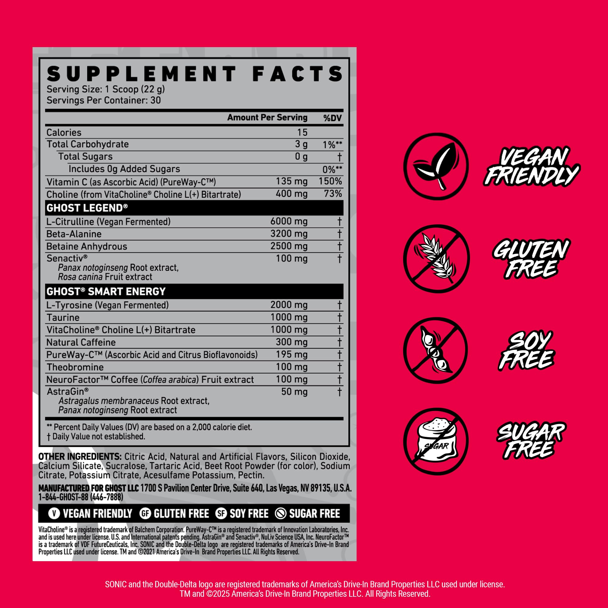 GHOST Legend ingredients label shows beta-alanine and L-Citrulline