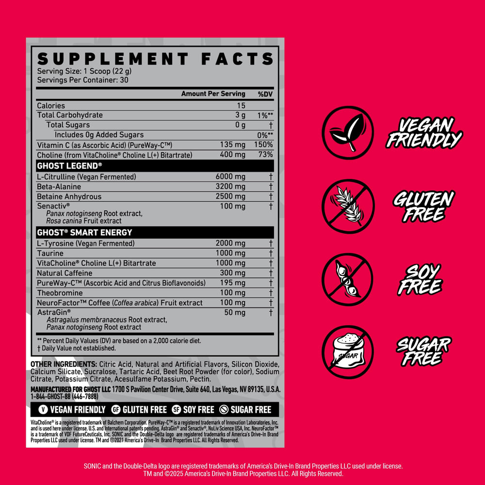 GHOST Legend ingredients label shows beta-alanine and L-Citrulline
