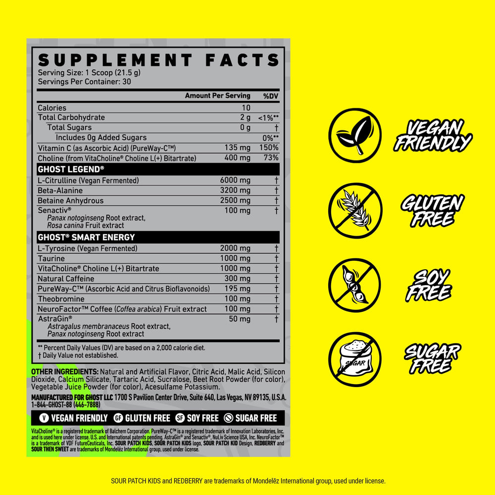 GHOST Legend label shows transparent dosing and key ingredients for energy and focus.