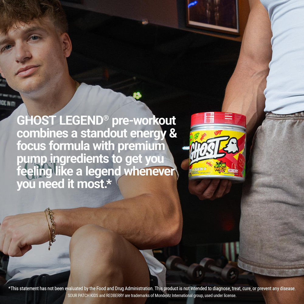 GHOST Legend logo and vibrant can design signals premium pre-workout branding during workouts.