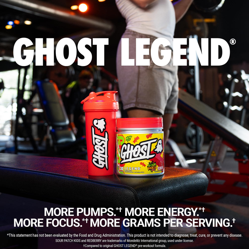 GHOST Legend powder scoop with SPK Redberry flavor ready for mixing before training.